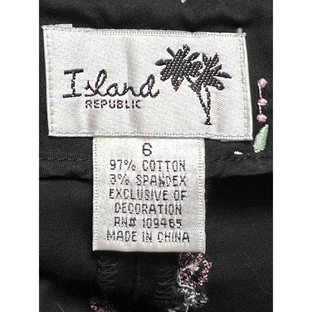 Island Republic Pants Womens 6 Black Embroidered Floral Bow Hem Stretch Twill - Picture 2 of 8